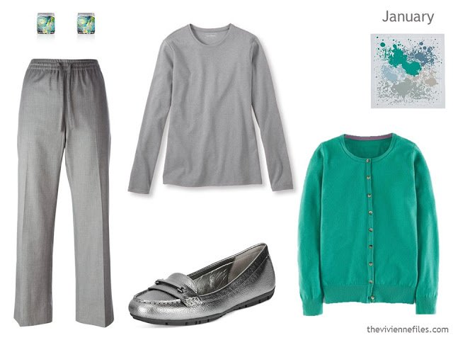 grey and jade green outfit