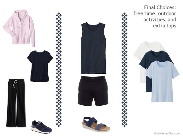 two leisure outfits to fit into a capsule travel wardrobe in navy, blue and pink