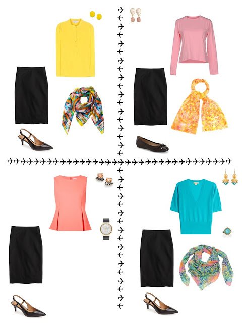 4 outfits from a travel capsule wardrobe in black, coral, yellow and turquoise