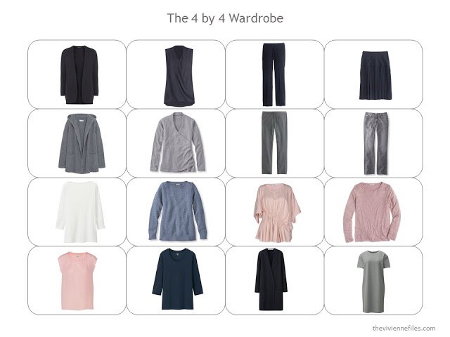 a 4 by 4 Wardrobe in navy and grey, with blush and soft blue accents