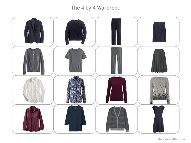 A 4 by 4 Wardrobe Template, with business clothes in navy, grey and burgundy.