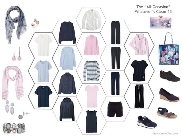 an 18-piece travel capsule wardrobe in navy, pink and blue
