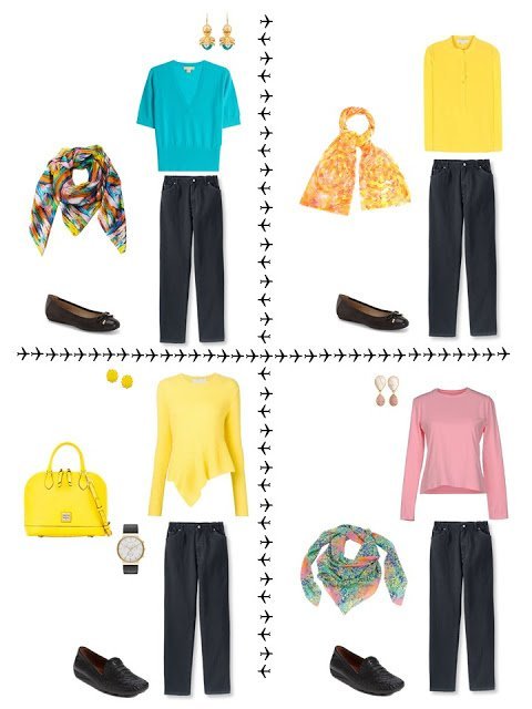 4 outfits from a travel capsule wardrobe in black, coral, yellow and turquoise