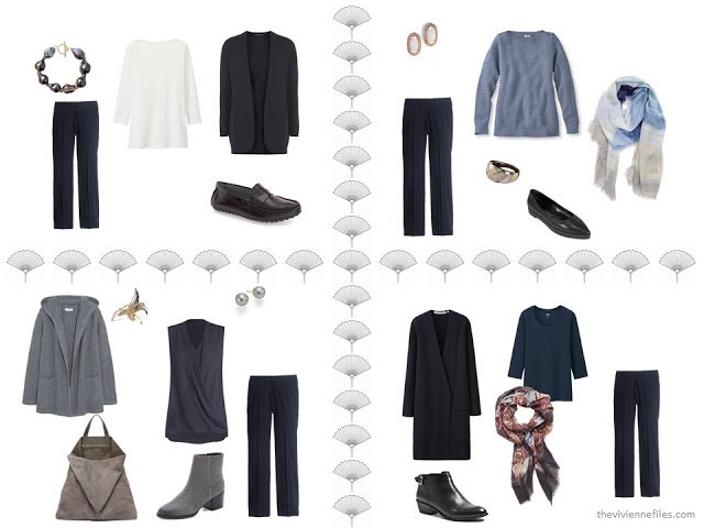 four outfits taken from a 16-piece travel capsule wardrobe in navy, grey, soft pink and light blue