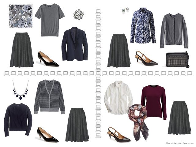 Four business outfits based on a grey pleated skirt, from a capsule wardrobe of navy, grey and burgundy.