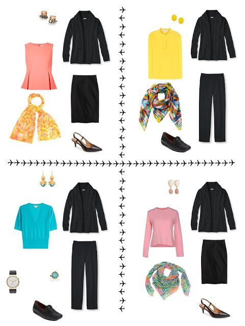 4 outfits from a travel capsule wardrobe in black, coral, yellow and turquoise