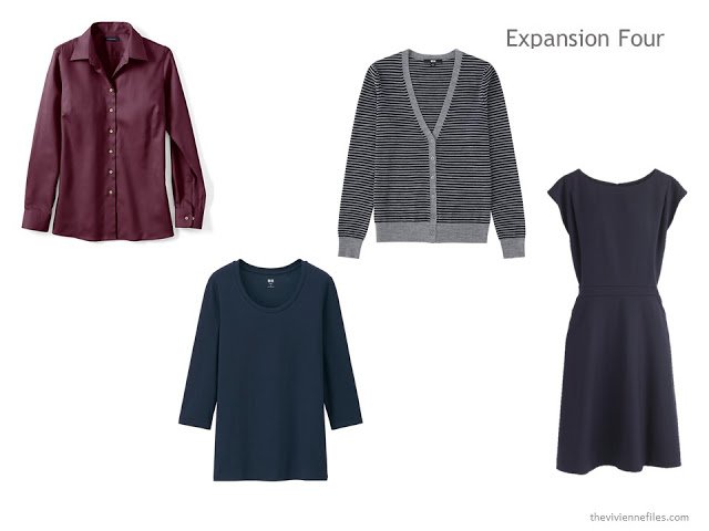 The Expansion Four of two tops, a cardigan and a dress, in navy, grey and burgundy.