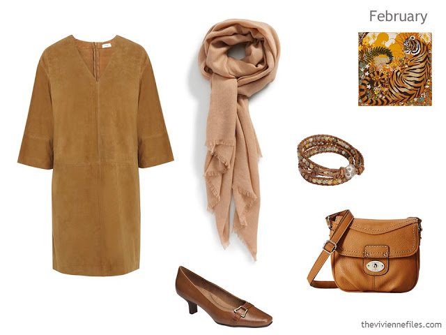 camel dress with accessories