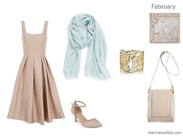 beige dress with accessories