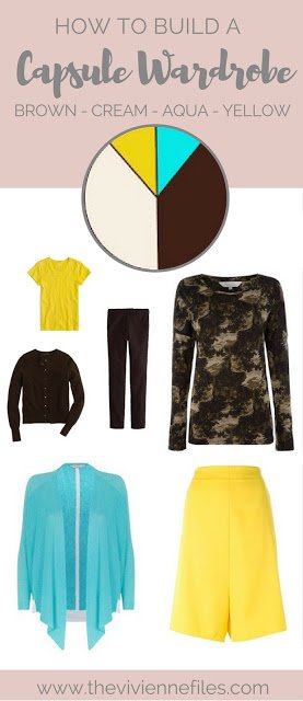 How to Build a Capsule Wardrobe in a Brown, Cream, Aqua and Golden Yellow color palette