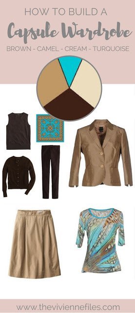 How to Build a Capsule Wardrobe in a Brown, Camel, Cream and Turquoise color palette