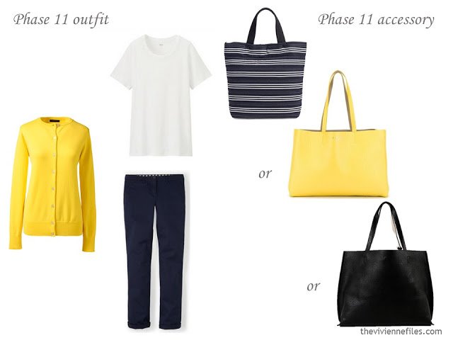 How to Build a Capsule Wardrobe of Accessories in a navy, yellow, and white color palette