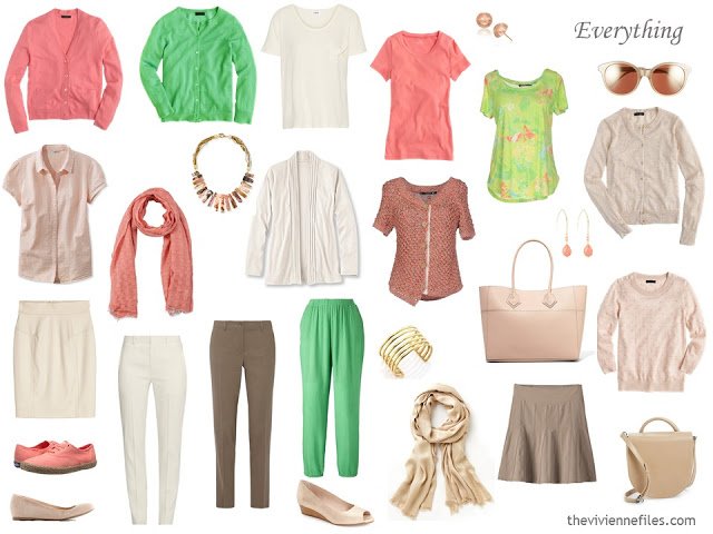 How to Build a Capsule Wardrobe of Accessories in a Lime, Coral, Beige and Cream color palette