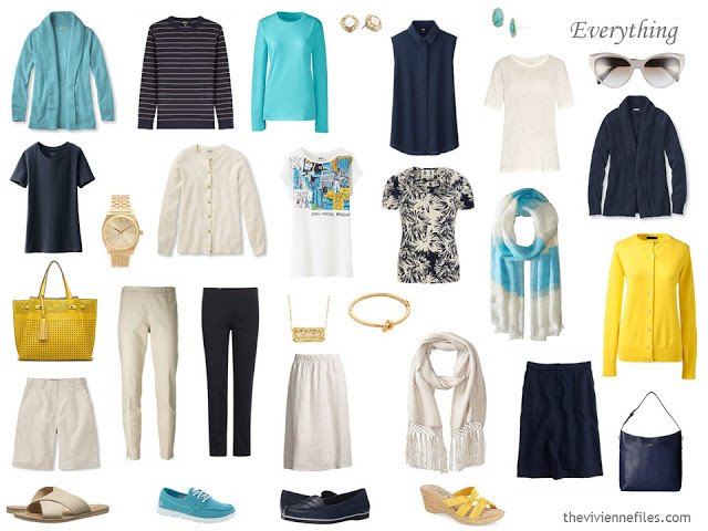 How to Build a Capsule Wardrobe of Accessories in a Navy, Beige, Turquoise and Yellow color palette