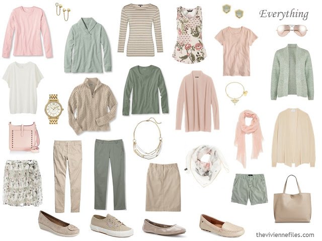 How to Build a Capsule Wardrobe of Accessories in a Beige, Sage and Blush color palette