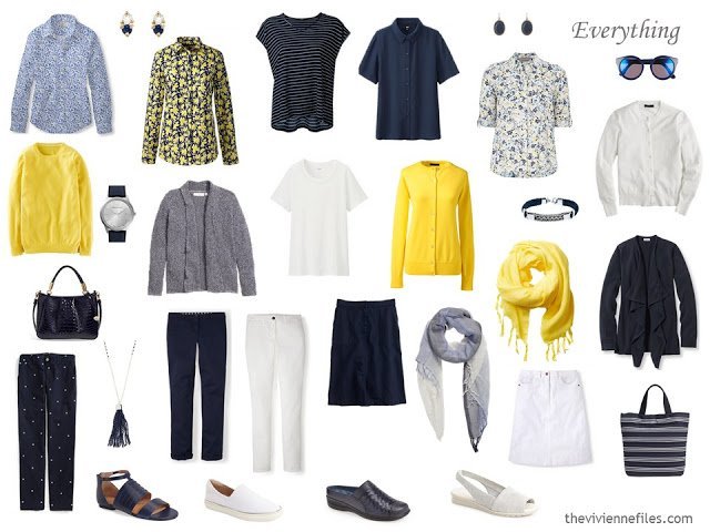 How to Build a Capsule Wardrobe of Accessories in a navy, yellow, and white color palette