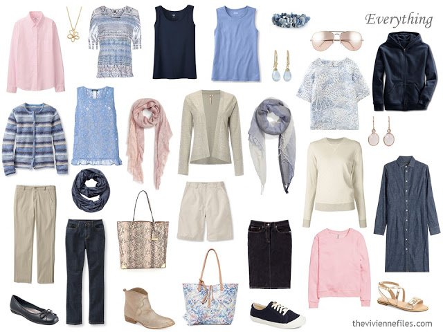 How to Build a Capsule Wardrobe of Accessories in a Denim, Stone, Pink and Soft Blue color palette