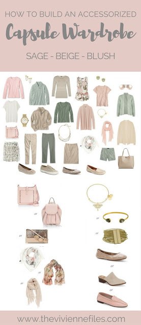 How to Build a Capsule Wardrobe of Accessories in a Beige, Sage and Blush color palette