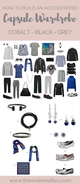 How to Build a Capsule Wardrobe of Accessories in a Cobalt, Black and Grey color palette