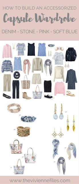 How to Build a Capsule Wardrobe of Accessories in a Denim, Stone, Pink and Soft Blue color palette