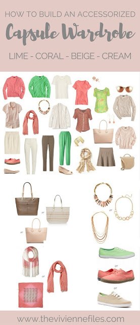 How to Build a Capsule Wardrobe of Accessories in a Lime, Coral, Beige and Cream color palette