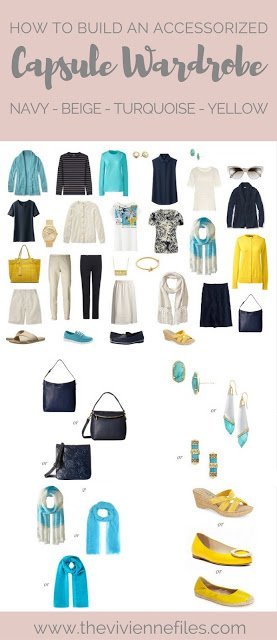 How to Build a Capsule Wardrobe of Accessories in a Navy, Beige, Turquoise and Yellow color palette