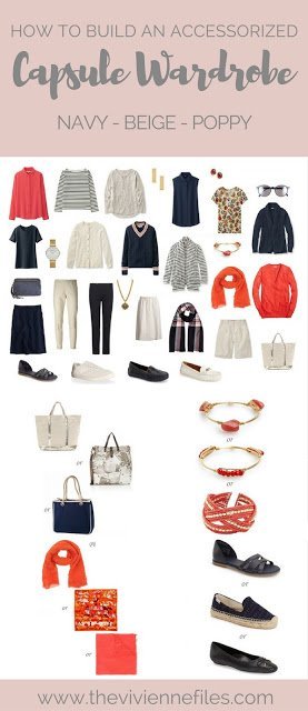 How to Build a Capsule Wardrobe of Accessories in a Navy, Beige and Poppy color palette