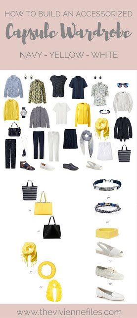 How to Build a Capsule Wardrobe of Accessories in a navy, yellow, and white color palette