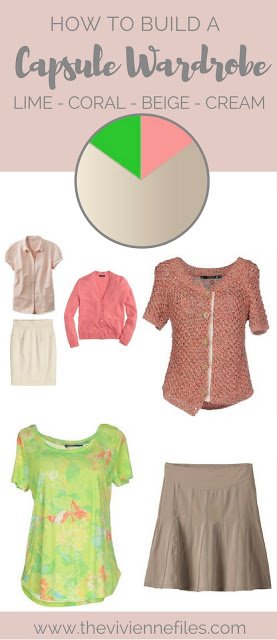 How to Build a Capsule Wardrobe in a Lime, Coral, Beige and Cream color palette