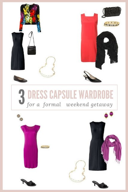 3 outfit options in a 3 dress travel capsule wardrobe for a formal weekend
