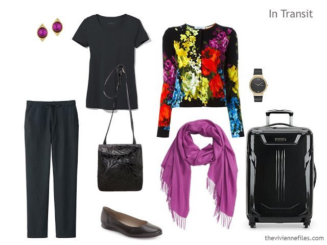 A travel outfit in a 3 dress travel capsule wardrobe for a formal weekend
