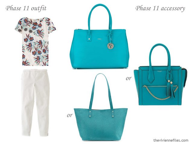 how to accessorize a capsule wardrobe in a Turquoise, Coral, Black and Ivory color palette - Handbags