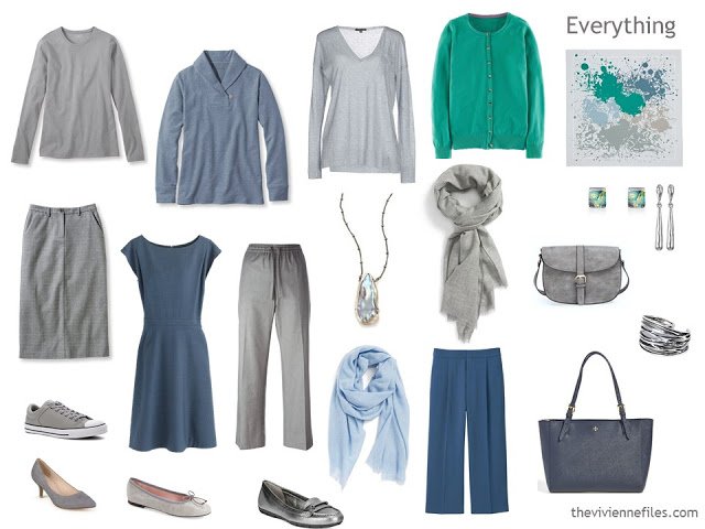 How to build a capsule wardrobe in a blue, grey and green colour palette