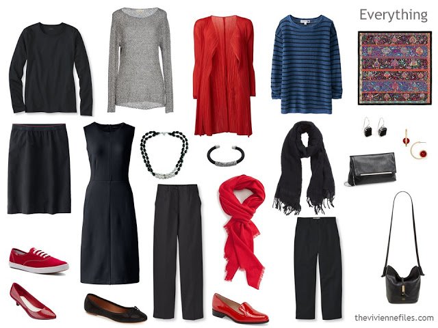 How to build a capsule wardrobe in a black, red, and blue colour palette