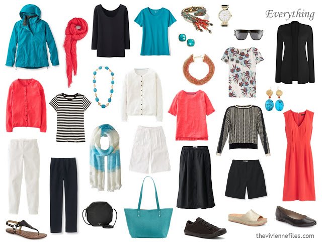 how to accessorize a capsule wardrobe in a Turquoise, Coral, Black and Ivory color palette 