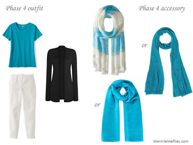 how to accessorize a capsule wardrobe in a Turquoise, Coral, Black and Ivory color palette - Scarves