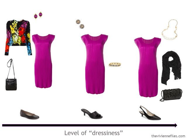 3 outfit options in a 3 dress travel capsule wardrobe for a formal weekend