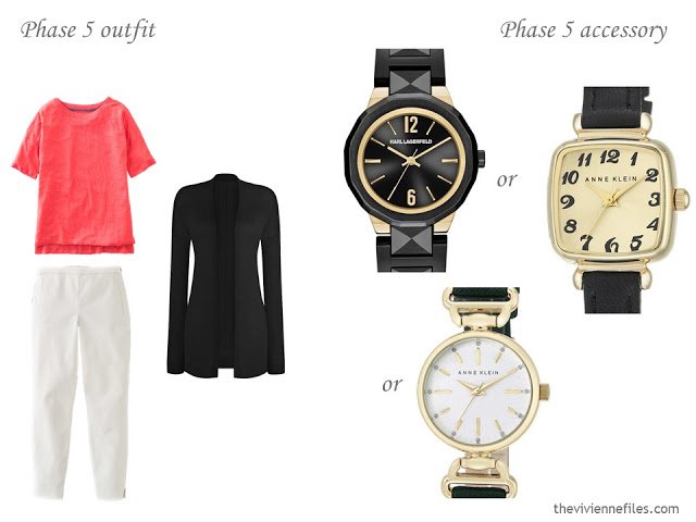 how to accessorize a capsule wardrobe in a Turquoise, Coral, Black and Ivory color palette - Watches