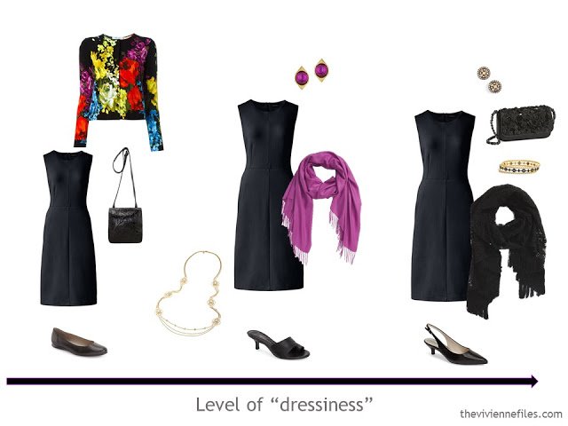 3 outfit options in a 3 dress travel capsule wardrobe for a formal weekend