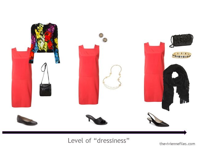 3 outfit options in a 3 dress travel capsule wardrobe for a formal weekend