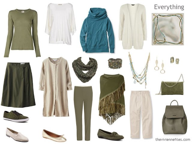 How to build a capsule wardrobe in a green, ivory, and teal colour palette