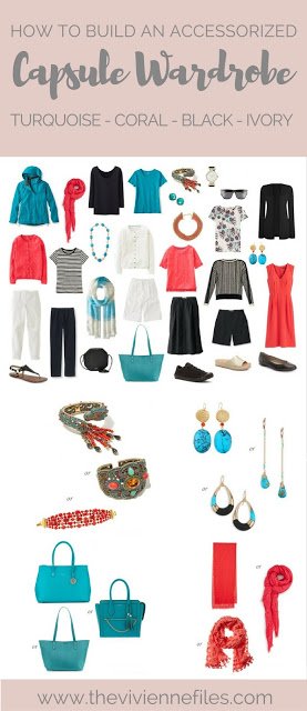 how to accessorize a capsule wardrobe in a Turquoise, Coral, Black and Ivory color palette 