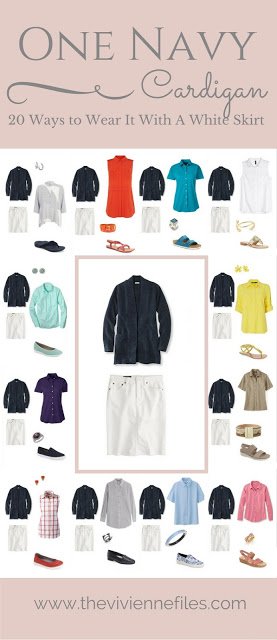 One navy cardigan and 20 ways to wear it with a white skirt in a capsule wardrobe