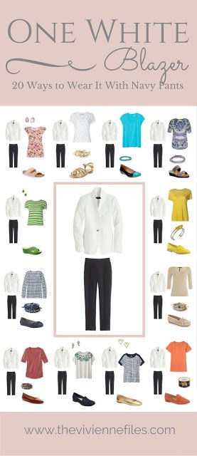20 ways to wear a white blazer with navy pants in a capsule wardrobe