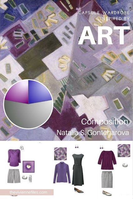 A travel capsule wardrobe in grey and purple based on Composition by Natalia S. Gontcharova