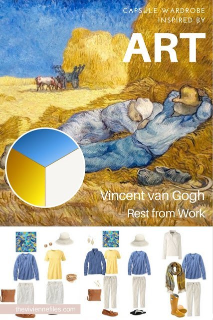 A travel capsule wardrobe in blue, white, and yellow based on a painting by Van Gogh