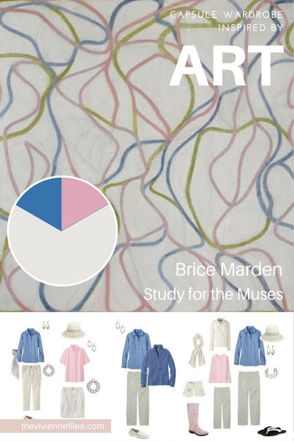 A travel capsule wardrobe in a white, pink, and blue color palette based on Study for the Muses by Brice Marden