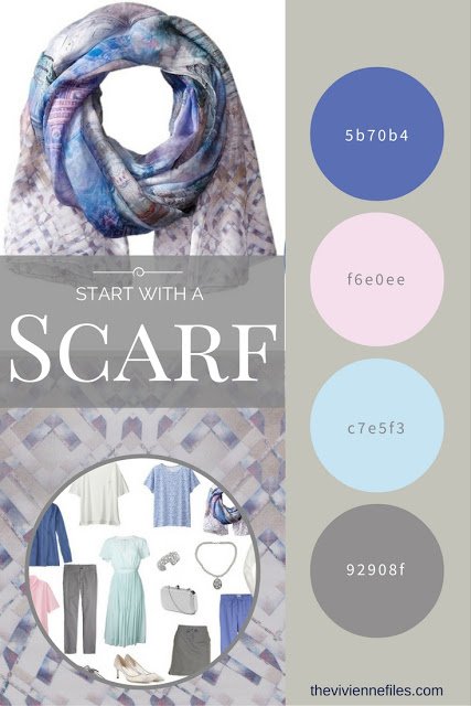 A travel capsule wardrobe color palette based on a Ted Baker scarf in grey, pink, blue, mauve, and mint green