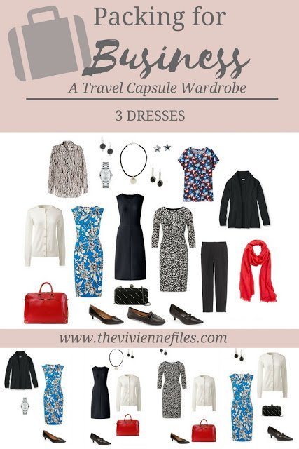 A travel wardrobe including 3 dresses for business travel