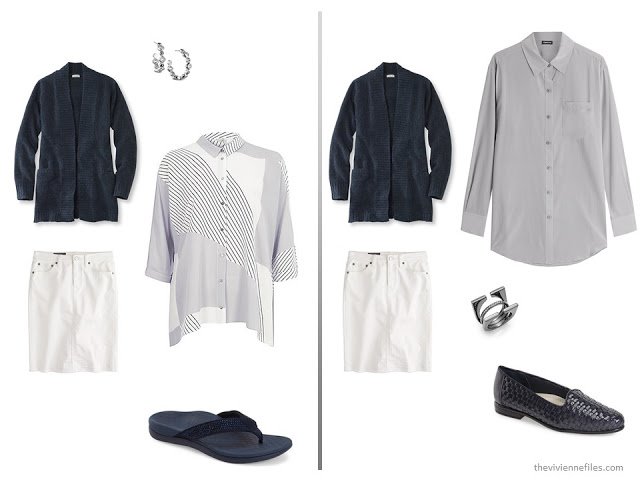 A basic navy cardigan and white skirt with grey